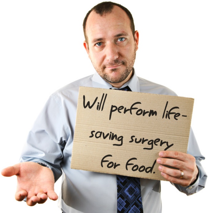 neurosurgeon holding cardboard sign